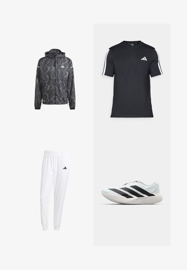 Zwarte windbreakerjas met een golvend grijs patroon, rits aan de voorkant en capuchon. Heeft reflecterende accenten en elastische manchetten voor een goede pasvorm.; Zwarte T-shirt van katoen met korte mouwen, met witte strepen op de schouders en een wit logo op de linkerkant van de borst.; Witte sportbroek van gladde stof, met een elastische tailleband en smalle taillebanden, voorzien van een zwart logo op de achterzak.; Lichte hardloopschoenen in lichtblauw met zwarte strepen. Beschikt over een soepele bovenkant, ronde neusstuk en dikke witte tussenzool met het label "LIGHTSTRIKE PRO."