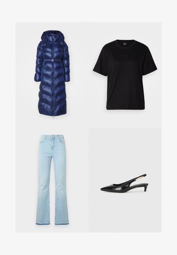 Jūras zila pūkaina jaka ar chevrona kviltētu rakstu, garā garumā, noņemamu kapuci un regulējamu jostu. Gluda, spīdīga auduma. Priekšējā rāvējslēdzēja aizdare.; Melna kokvilnas T-krekls ar apaļu izgriezumu, īsām piedurknēm un izšūtu logotipu uz krūtīm. Vienkāršs, brīvs piegriezums bez rakstiem.; Gai zilgani zvīles, kas izgatavotas no džinsa, ar augstu vidukli, priekšējām kabatām un neapstrādātu apakšmalu, nodrošinot ikdienišķu izskatu.; Melnas ādas slingback zābaki ar smailu purngalu, ar šauru papēdi un zelta krāsas akcentu uz regulējama siksniņas. Gluda tekstūra.