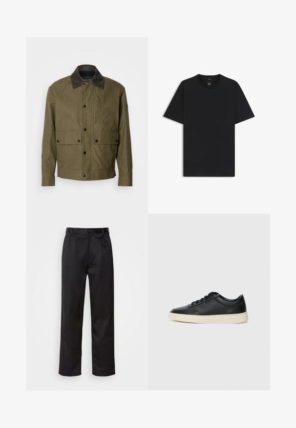 Olijfgroene jasje van textuurstof, met een bruine corduroy kraag, drukknoopsluiting, twee voorzakken en een ritszak op de borst.; Zwarte korte mouwen T-shirt van een gladde katoenmix, met een ronde halslijn en een minimalistisch ontwerp zonder patronen of accenten.; Zwarte broek van een gladde stof, met een sluiting met een knoop aan de voorkant, plooien en rechte pijpen. Geen zichtbare patronen of accenten.; Zwarte leren sneaker met lage schacht, zwarte veters en off-white zool, weergegeven in zijprofiel op een witte achtergrond.