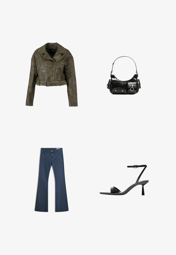 Skraćena jakna od maslinastozelenog umjetnog kože s širokim reverima, prednjim zatvaračem, dva džepa i detaljem remena oko struka.; Bijela majica od mekane, lagane tkanine. Ima okrugli izrez i kratke, široke rukave s ležernim krojem. Bez vidljivih uzoraka.; Tamno plavi traperice s izrezanim nogavicama, šivanim džepovima, kopčanjem na dugme i glatkom teksturom. Imaju klasičan dizajn s pet džepova.; Bershka Sandale s visokom petom - black; Crna patentna kožna torba s zakrivljenim oblikom, jednim remenom za rame, prednjim džepovima i akcentima od srebrnog tona.
