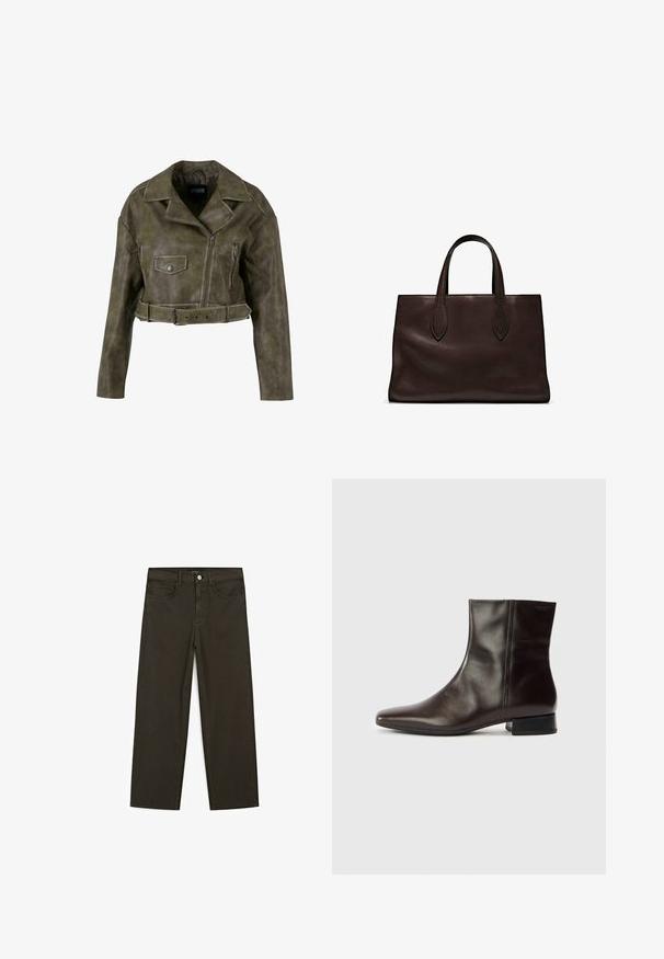 Geknipte olijf groene faux leren jas met een brede revers, een ritssluiting aan de voorkant, twee zakken en een riemdetail bij de taille.; Bruine katoenen t-shirt, korte mouwen, ronde hals, relaxte pasvorm, gladde textuur, minimalistisch ontwerp, geen zichtbare patronen of accenten.; Donkergroene wijde jeans van een katoenmix, met een sluiting met een voorste knop, vijf zakken en klassieke denimstiksels.; Bruine leren enkellaars met een puntige neus, gladde textuur, middenhoge hak en eenvoudig ontwerp. Minimalistische stijl zonder versieringen.; Bruine leren tote bag met twee verlengde handvatten, gestructureerde rechthoekige vorm, gladde textuur en subtiele stiksels.