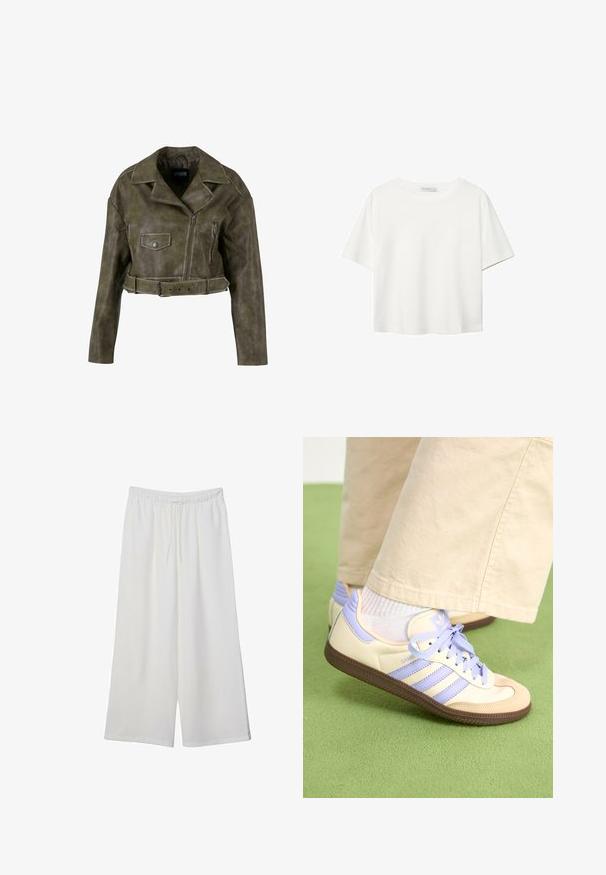 Skraćena jakna od maslinastozelenog umjetnog kože s širokim reverima, prednjim zatvaračem, dva džepa i detaljem remena oko struka.; Bijela majica kratkih rukava od pamuka. Ima okrugli izrez i opušteni kroj. Glatka tekstura bez vidljivih uzoraka ili naglasaka.; Bijele hlače širokog kroja izrađene od lagane tkanine, s elastičnim pojasom i vezicom za prilagodljivu veličinu. Glatka tekstura.; Kremasto-ljubičaste tenisice s tri pruge i strukturiranim smeškim potplatom, s vezicama i podstavljenim petom. Mekana gornja tkanina.
