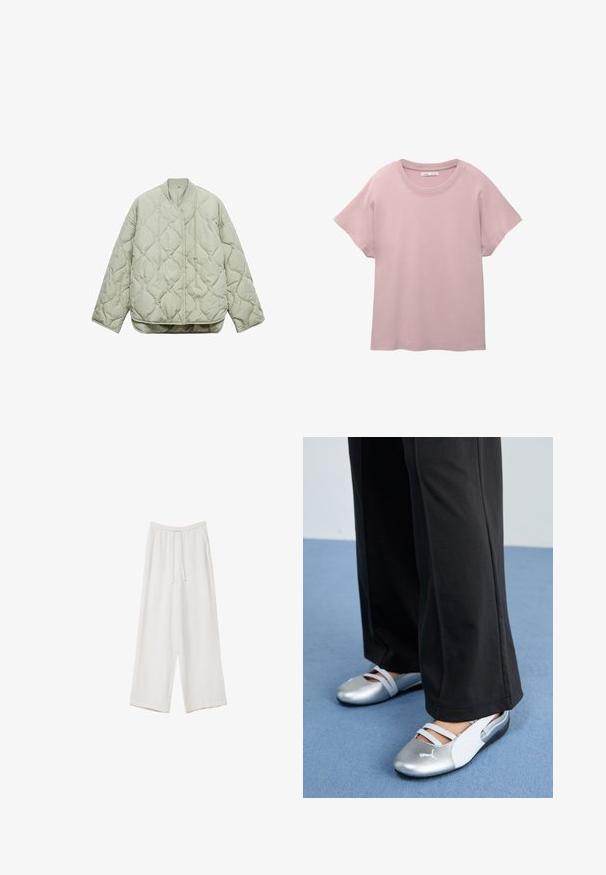 Svetlozelená prešívaná bunda s okrúhlym výstrihom, predným zapínaním, voľným strihom a tvarom diamantov na látke.; Světle růžové tričko s krátkým rukávem vyrobené z hladké bavlny. Má kulatý výstřih a uvolněný střih s rovně střiženým lemem.; Biele široké nohavice vyrobené z ľahkej tkaniny. Obsahujú elastický pás so sťahovacou šnúrkou a bočné vrecká. Hladká textúra.; Strieborné a biele ploché topánky s krížovými remienkami a textúrovanými detailmi, doplnené voľnými čiernymi nohavicami. Umiestnené na modrej podlahe.