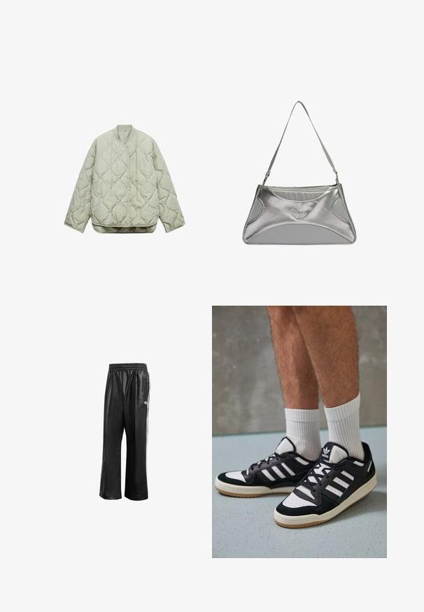 Ljusgrön vadderad jacka med rund halsringning, framtill stängning, oversized passform och diamantformade mönster på tyget.; Mörkgrå t-shirt med korta ärmar och en liten rosa Adidas trefoil-logga på vänster bröst, visad mot en vit bakgrund.; Svarta syntetiska löparbyxor med elastisk midja, prydda med vita sidosträck och en liten vit logotyp på vänster höft.; Svartvita sneakers med ovandel i mocka och läder, med tre vita ränder, perforerad tå och sula av gummigummi.; Silverfärgad metallic handväska med en slank, strukturerad design, med en texturerad kropp, en axelrem och en präglad logotypdekoration.