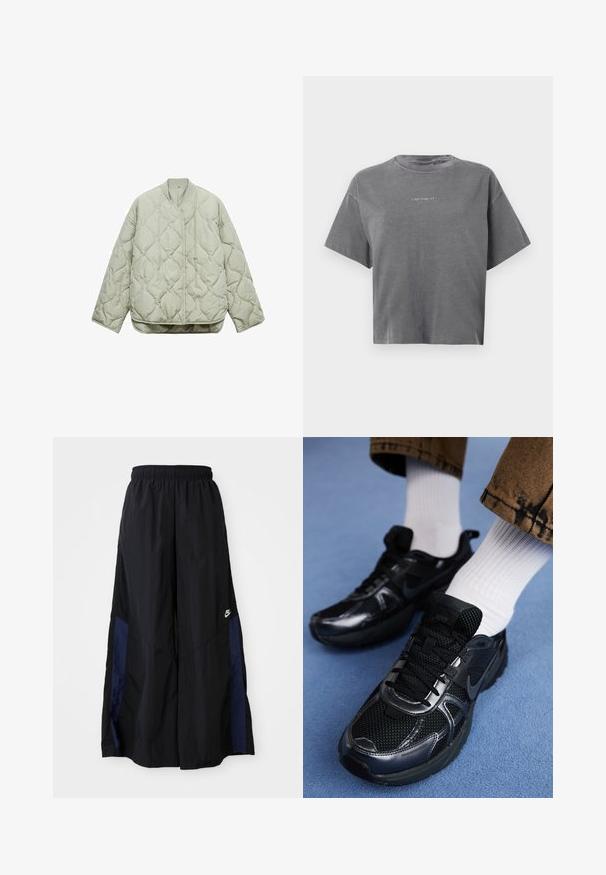 Vihreä, tikattu takki, jossa on pyöreä kaula-aukko, etuaukko, ylisuuri malli ja timantin muotoisia kuvioita kankaassa.; Harmaa lyhythihainen crop-top t-paita, jossa on pyöreä kaula-aukko ja pieni keskitetty valkoinen "carhartt" logo edessä.; Musta leveälahkeinen housu, joka on valmistettu kevyestä kankaasta. Housuissa on tummansininen sivupaneeli ja joustava vyötärö. Alhaalla on pieni valkoinen logo.; Musta Nike-urheilukengät, joissa on verkkopintaa kiiltävillä yksityiskohdilla, mustat nauhat ja teksturoitu pohja. Yhdistetty valkoisiin ribbipolkimiin.