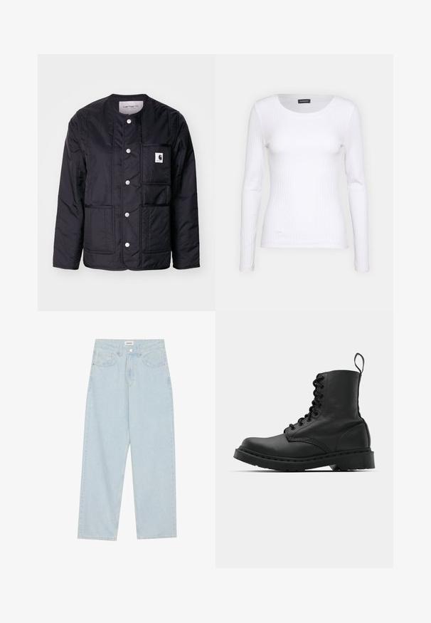 Zwarte, gewatteerde jas met een ronde halslijn, drukknoopsluiting, een patchzak en zichtbare stiksels. Bevat een logo op de zak. Gladde textuur.; Witte geribbelde langemouwen top met een ronde halslijn. Gemaakt van een rekbare stof die het lichaam volgt. Heeft subtiele horizontale lijnen.; Lichtblauwe wijde spijkerbroek van denim, met een middellange taille, vijf zakken en een knoopsluiting met een slanke metalen accent.; Zwarte leren gevechtslaars met een ronde neus, vetersluiting aan de voorkant en een lusje bij de enkel. Kenmerkt zich door een dikke rubberen zool voor duurzaamheid.