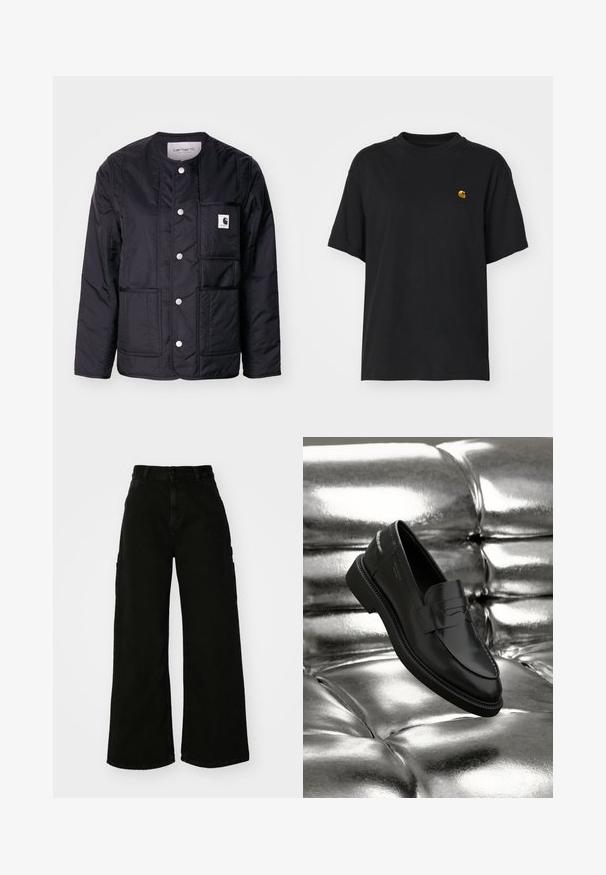 Sort, quilted jakke med rund halsudskæring, trykknapper, en lomme med klap og synlige sømme. Har et logo på lommen. Glat tekstur.; Sort bomulds T-shirt med en afslappet pasform. Har en rund halsudskæring og korte ærmer. Inkluderer et lille guld broderet logo på brystet.; Sort brede cargo-bukser lavet af denim, med høj talje, frontknaplukning og sidelommer. Glat tekstur med minimal syning.; Sorte læder penny loafers med et slankt design, syede detaljer og en rund tå, hvilede over en sølvfarvet polstret overflade.