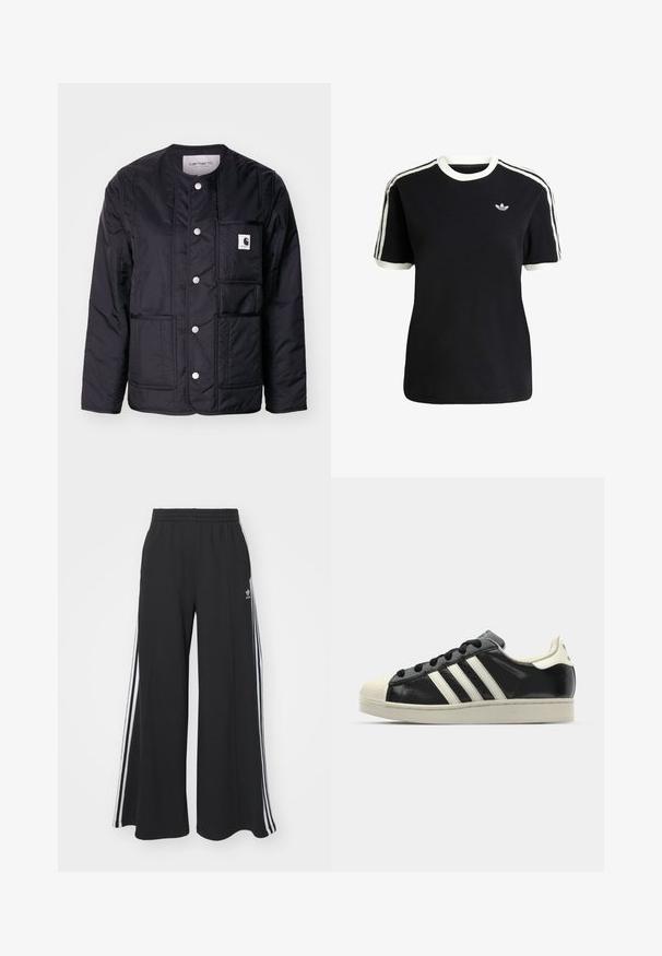 Sort, quilted jakke med rund halsudskæring, trykknapper, en lomme med klap og synlige sømme. Har et logo på lommen. Glat tekstur.; Sort bomulds t-shirt med hvide detaljer på kraven og ærmerne, præget af tre hvide striber på hver skulder og et lille logo på brystet.; Sorte brede sweatpants med elastisk talje, med hvide sidelommer og et broderet logo på venstre lår.; Sort lædersneakers med hvide striber, gummitåkap, sorte snørebånd og en cremefarvet ydersål. Glat tekstur med blank overflade.