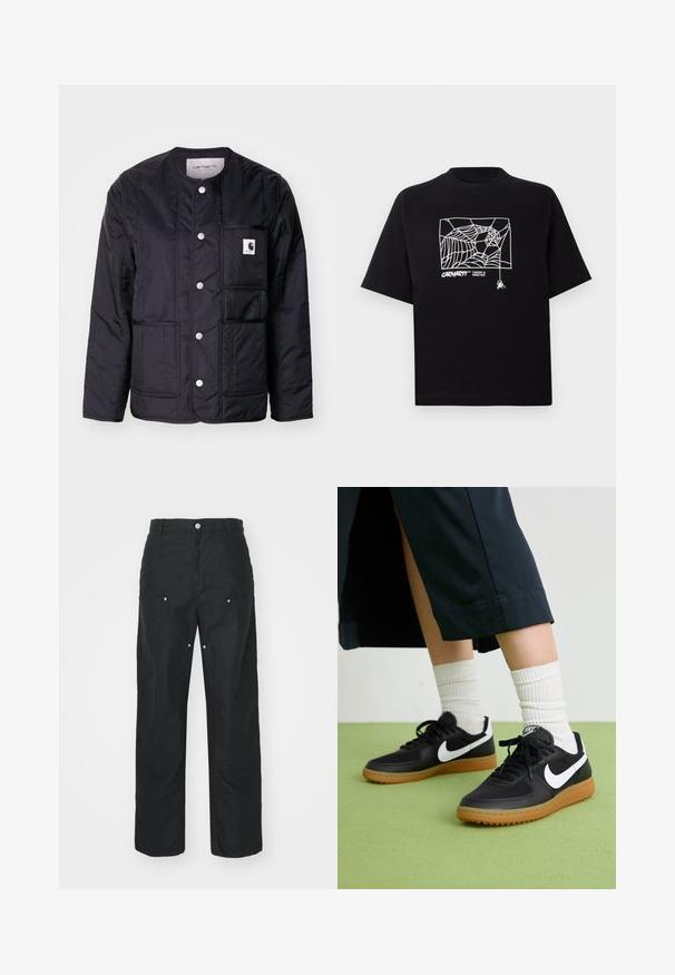 Mustat, tikatut takit, joissa on pyöreä kaulus, nepparit, tehtävätasku ja näkyvät saumat. Taskussa on logo. Sileä rakenne.; Mustapaita, joka on valmistettu puuvillasta ja jossa on lyhyet hihat. Edessä on valkoinen hämähäkinseittigrafiikka ja logo. Yksinkertainen, pyöreä kaula-aukko.; Mustat housut suoralla lahjesuunnittelulla, valmistettu tekstuuritetusta kankaasta. Sisältää koristeellista hopeista metalliosaa ja ainutlaatuista sauman yksityiskohtaa.; Mustat nahka- ja synteettiset urheilukengät, joissa on valkoinen Nike-merkki, kuminen pohja, pyöreä kärki ja mustat nauhat. Raitapintaiset valkoiset sukat näkyvissä.