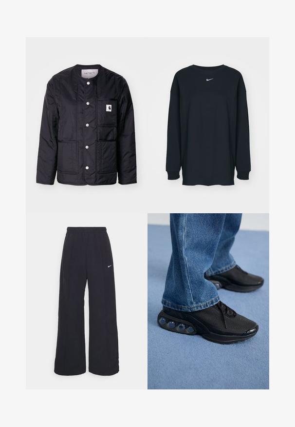 Schwarze, gesteppten Jacke mit rundem Ausschnitt, Druckknöpfen, einer aufgesetzten Tasche und sichtbaren Nähten. Verfügt über ein Logo auf der Tasche. Glatte Textur.; Schwarzes Langarm-T-Shirt aus Baumwolle mit Rundhalsausschnitt. Mit weißem Nike-Logo auf der Brust. Weiche Textur, simples Design.; Schwarze weit geschnittene Hosen mit einem elastischen Bund und einem kleinen weißen Nike-Logo. Der Stoff hat eine glatte Textur und ist für Komfort und lässiges Tragen konzipiert.; Schwarze sportschuhe mit atmungsaktivem Mesh-Obermaterial, strukturierten Akzenten und sichtbaren Luftpolstern in der Sohle. Getragen mit blauen Jeans.