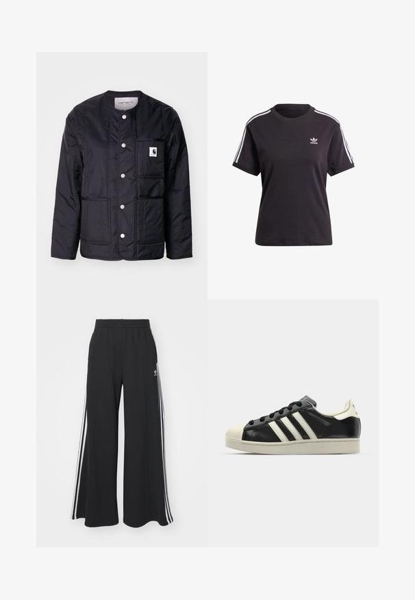 Schwarze, gesteppten Jacke mit rundem Ausschnitt, Druckknöpfen, einer aufgesetzten Tasche und sichtbaren Nähten. Verfügt über ein Logo auf der Tasche. Glatte Textur.; Schwarzes Baumwoll-T-Shirt mit kurzen Ärmeln und Rundhalsausschnitt, mit weißen Streifen auf den Schultern und einem kleinen weißen Adidas-Logo auf der Brust.; Schwarze weite Sweatpants mit elastischem Bund, versehen mit weißen Seitestreifen und einem gestickten Logo auf dem linken Oberschenkel.; Schwarze Ledersneaker mit weißen Streifen, Gummikappe, schwarzen Schnürsenkeln und einer cremefarbenen Sohle. Glatte Textur mit glänzender Oberfläche.