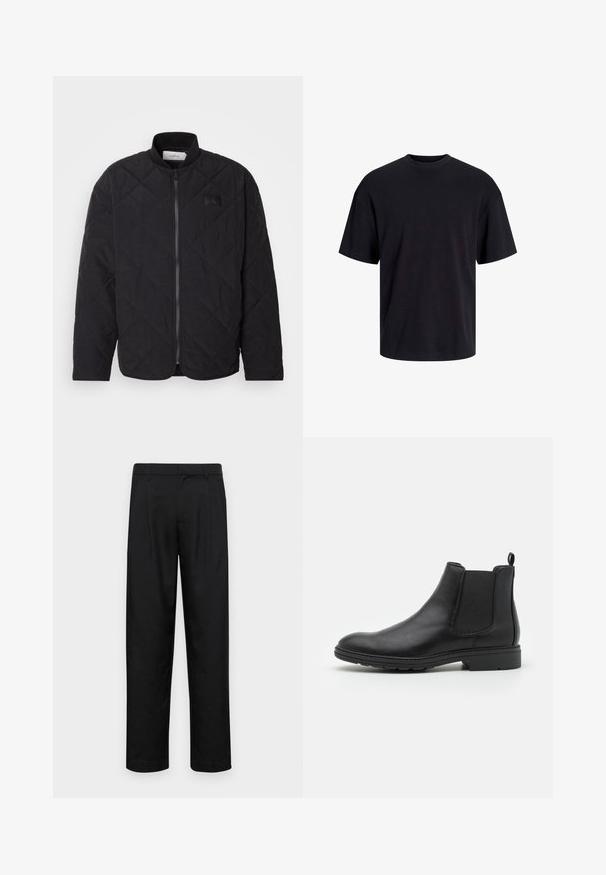 Juodas siuvinėtas švarkas su stovinčiu apykakle, užtrauktuku ir subtilia logotipo etikete. Siūlo tekstūruotą paviršių ir deimanto formos raštus.; Juodas medvilninis marškinėlis su apvaliu iškirpimu, trumpomis rankovėmis ir laisvu siluetu. Glotni tekstūra, be matomų raštų ar akcentų.; Juodi kelnių modeliai, pagaminti iš lygios medžiagos, turi tiesią kojas, du priekiniai klostės ir standartinę juosmenį su diržo kilpomis.; Juodas odinis Čelsio batų modelis su elastinėmis šoninėmis juostelėmis ir kilpike, apvalia nosimi ir tekstūruotu guminiu padu.