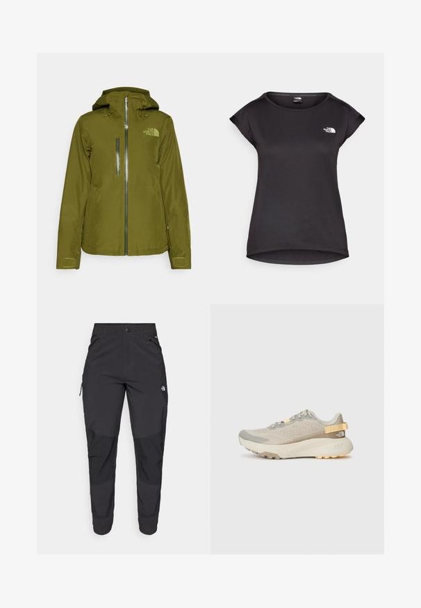 Waterproof olive green jacket with a hood, front zipper, and logo on the chest. Features zippered pocket and adjustable cuffs.; The North Face TANKEN TANK  - Sports T-shirt - black; Black outdoor pants made of durable fabric. Feature zippered pockets, reinforced knee panels, and a straight cut design for mobility.; Light beige running shoe with a textured mesh upper, grey accents, durable rubber sole, and a rear pull tab for easy wear.