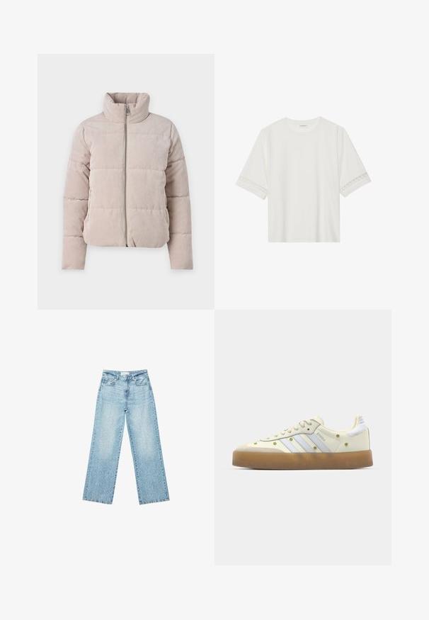 Puhasti plašč v svetlem bež korduru, z visokim ovratnikom, sprednjim zadrgo in kviltanim dizajnom s horizontalnimi črtami.; Bela kratka majica s kratkimi rokavi iz bombaža, okrašena z dekorativnim čipkastim robom ob rokavih in okroglo izrezom.; Svjetloplave široke traperice s visokim strukom, s izblijedjelim pranjem i malim, raštrkanim oštećenjima po cijelom dijelu.; Kremni športni copati s svetlo modrimi črtami, gumo podplatom in dekorativnimi rumenimi cvetnimi akcenti na zgornjem materialu. Oblika z zaobljenim nosom.