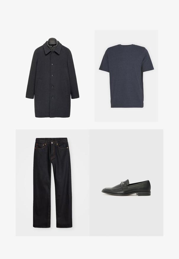 Mørkegrå uldfrakke med krave, frontknapper og to sidelommer. Har et strømlinet, lige snit.; Mørkeblå t-shirt med rund hals i blødt bomuldsblandingsstof, med korte ærmer og en almindelig pasform. Ingen synlige mønstre eller detaljer.; Mænds lige ben sorte denim jeans med fem lommer og orange syninger, knap- og lynlåslukning foran på taljen.; Sorte læder loafers med en glat finish, der har et syet design og et dekorativt metal kædeaccent hen over vamps. Flad hæl.