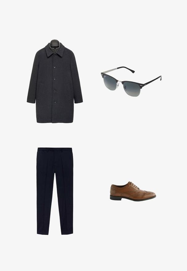 Cappotto di lana grigio scuro con collo, bottoni frontali e due tasche laterali. Presenta un design lineare e a taglio dritto.; Pacchetto di tre t-shirt: una nera e due bianche. Ognuna ha un colletto rotondo, maniche corte ed è realizzata in morbido cotone.; Pantaloni blu navy con design a vita piatta, realizzati in tessuto morbido. I dettagli includono due tasche laterali e una chiusura con zip e bottone.; Scarpa da dress in pelle marrone con dettagli di broguing intricati, punta rotonda e tacco piatto. Presenta cinque occhielli per i lacci e una superficie liscia.; Occhiali da sole neri e argento con forma a occhio di gatto, lenti sfumate e dettagli metallici sulla montatura. Aste in plastica con punte grigie.