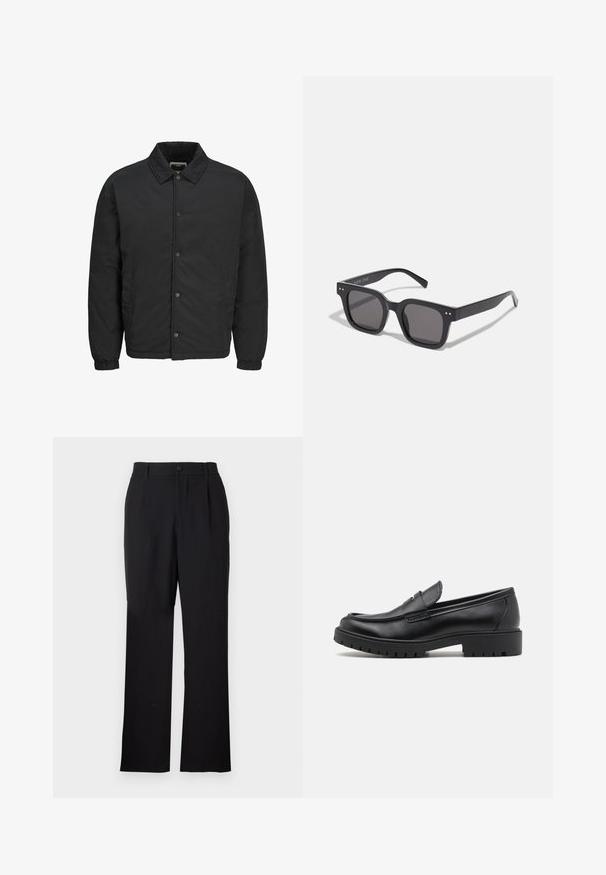 Čierna vypchávkovaná bunda vyrobená z ľahkého materiálu, s bodovým golierom, uzatváraním na cvoky a elastickými manžetami. Jednoduchý dizajn so bočnými vreckami.; Čierny pletený sveter s okrúhlym výstrihom, dlhými rukávmi a rebrovanými detailmi na golieri a leme. Mäkkučký materiál, voľný strih.; Only & Sons ONSJEREMY LOOSE PANT - Nohavice - black; Čierne kožené mokasíny s okrúhlou špičkou, s designom na obúvanie a hrubou gumovou podrážkou s textúrovanou protišmykovou úpravou. Vyvýšený opatok a jemné prešívanie.; Čierne obdĺžnikové slnečné okuliare s tmavými sklami, s hrubým rámom, jemnými akcentmi na stranách a bez viditeľných log, okrem názvu značky.; Quartz hodinky Casio s čiernym ciferníkom, strieborným nerezovým remienkom, veľkými bielymi a červenými číslami a vodotesnosťou až do hĺbky 200 metrov.