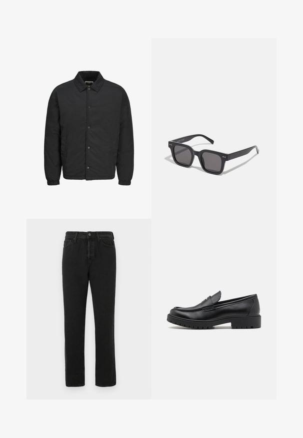 Fekete párnázott dzseki könnyű anyagból, pontnyakú, patentos elülső záródással és rugalmas mandzsettákkal. Egyszerű dizájn, oldalsó zsebekkel.; Fehér, hosszú ujjú ing, gombos gallérral, bal mellen egy kis, hímzett logóval, sima textúrával.; Fekete egyenes lábcutásű farmernadrág elöl gombos és cipzáras záródással, övhurkokkal és öt zsebes kialakítással, fehér háttér előtt bemutatva.; Fekete bőr loaferek lekerekített orral, slip-on kialakítással és vastag gumitalppal, amely texturált tapadást biztosít. Emelt sarkú és diszkrét varrási részletek.; Fekete téglalap alakú napszemüveg sötét lencsékkel, vastag kerettel, finom díszítésekkel az oldalán, és a márkanevet leszámítva látható logók nélkül.; Fekete bőr keresztbody táska hajtóka, két ezüst csattal, sárga varrással és állítható pánttal. Simább textúrával és kompakt formatervezéssel rendelkezik.; Ezüst rozsdamentes acél kvarcóra fekete, téglalap alakú számlappal, analóg mutatókkal, digitális kijelzővel és vízállósági jelöléssel.