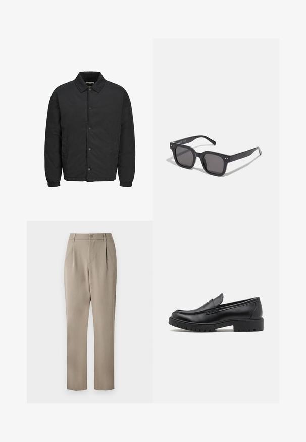 Giacca imbottita nera realizzata in materiale leggero, con colletto a punta, chiusura frontale a pressione e polsini elasticizzati. Design semplice con tasche laterali.; T-shirt bianca a maniche corte realizzata in tessuto morbido. Collo tondo, vestibilità comoda e design semplice senza decorazioni o fantasie.; Pantaloni khaki con design a gamba dritta, dotati di chiusura con bottone e fronte plissettato. Realizzati in tessuto liscio con finitura opaca.; Mocassini in pelle nera con punta arrotondata, design senza lacci e suola in gomma spessa con battistrada testurizzato. Tacco elevato e dettagli di cucitura discreti.; Occhiali da sole neri rettangolari con lenti scure, dotati di una montatura spessa, accenti sottili sui lati e senza loghi visibili oltre al nome del marchio.