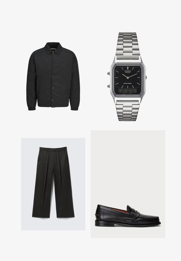 Giacca imbottita nera realizzata in materiale leggero, con colletto a punta, chiusura frontale a pressione e polsini elasticizzati. Design semplice con tasche laterali.; Maglietta henley a maniche lunghe di colore blu navy realizzata in tessuto a coste. Caratterizzata da un colletto rotondo e una placca con tre bottoni. I polsini sono aderenti.; Pantaloni a gamba larga neri con una texture liscia, dotati di due tasche frontali e una vita leggermente rialzata.; Mocassino in pelle nera con punta arrotondata, dettagli cuciti e una fascia decorativa sul davanti. Suola piatta con profilo minimal.; Orologio in acciaio inox argento con quadrante rettangolare nero, dotato di lancette analogiche, display digitale e etichetta di resistenza all'acqua.