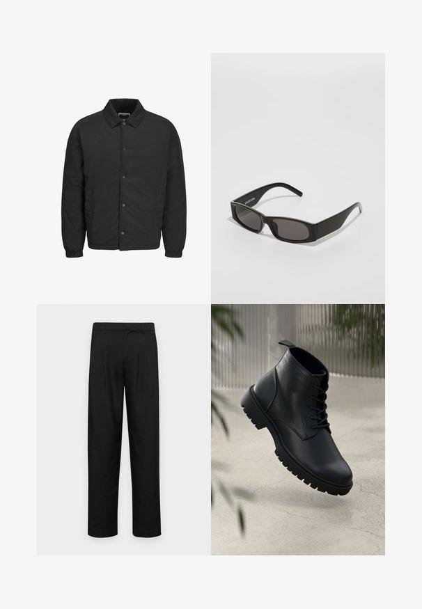 Black padded jacket made of lightweight material, featuring a point collar, snap-front closure, and elastic cuffs. Plain design with side pockets.; Black cotton t-shirt with a crew neckline, short sleeves, and a relaxed fit. Smooth texture and no visible patterns or accents.; Black trousers made of smooth fabric, featuring a straight-leg design, two front pleats, and standard waistband with belt loops.; Black leather ankle boots with a rounded toe, lace-up design, and rugged rubber sole. Smooth texture with a pull tab at the back.; Black rectangular sunglasses with dark lenses, a smooth plastic frame, and a subtle logo on the left arm. Minimalist design.
