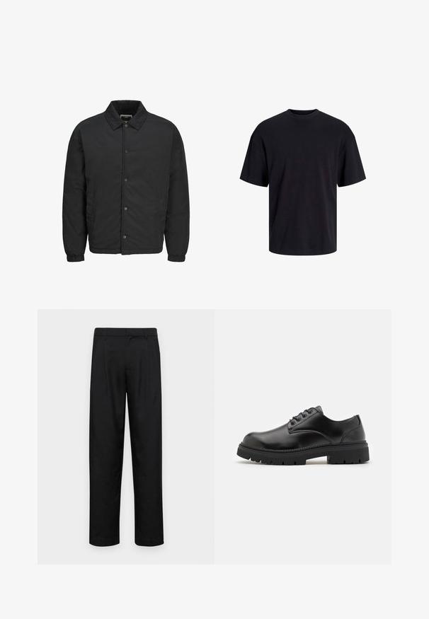 Schwarze gepolsterte Jacke aus leichtem Material, mit Stehkragen, Druckknopfverschluss und elastischen Bündchen. Schlichtes Design mit seitlichen Taschen.; Schwarzes Baumwoll-T-Shirt mit Rundhalsausschnitt, kurzen Ärmeln und lässiger Passform. Glatte Oberflächenstruktur und keine sichtbaren Muster oder Akzente.; Schwarze Hose aus glattem Stoff, mit geradem Bein Design, zwei vorderen Falten und einem Standardbund mit Gürtelschlaufen.; Schwarze Lederschuhe mit runder Zehenform, Schnürdesign und einer dicken, strukturierten Gummisohle. Sie verfügen über eine Naht entlang des Randes und haben eine glatte Oberfläche.