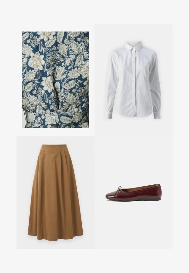 Textilie s květinovým vzorem v odstínech modré a krémové, s prošívanou texturou a designem s páskem v oblasti pasu.; Bílá košile na knoflíky vyrobená z hladké bavlny, s klasickým límcem, dlouhými rukávy a zakřiveným spodním lemem. Knoflíky jsou malé a bílé.; Hnědá bavlněná sukně ve stylu A s vysokým pasem, se sklady na přední straně a hladkou texturou. Lemování je čisté a jednoduché.; Burgundské lakové baleríny s kulatou špičkou, malou mašlí vpředu a nízkou černou gumovou podrážkou. Hladký povrch.