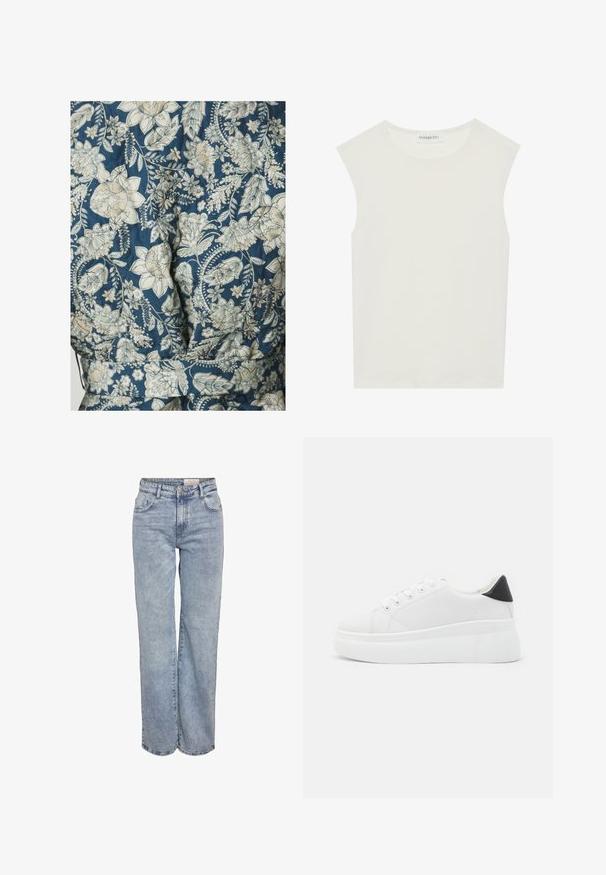 Blommönstrad tyg i nyanser av blått och kräm, med kviltad textur och design med bälte i midjan.; Vit ärmlös topp med rund halsringning. Tillverkad av ett mjukt tyg, har den en avslappnad passform och minimalistisk design. Inga mönster eller detaljer.; Ljusblå vida jeans i denim med hög midja, femficksdesign och subtila blekningar för en använd look.; Vita plattformssneakers gjorda av slät syntetiskt material, med rund tå, snörningsdesign och en texturerad gummisula. Svart hälaccent.