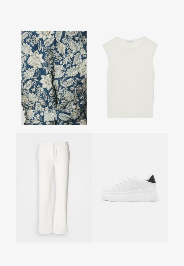 Floral-patterned fabric in shades of blue and cream, featuring quilted texture and a belted waist design.; White sleeveless top with a round neckline. Made of smooth fabric, it features a relaxed fit and minimalist design. No patterns or accents.; White, relaxed-fit sweatpants made of soft fabric, featuring an elastic waistband with a drawstring and straight-leg design.; White platform sneakers made of smooth synthetic material, featuring a rounded toe, lace-up design, and a textured rubber sole. Black heel accent.