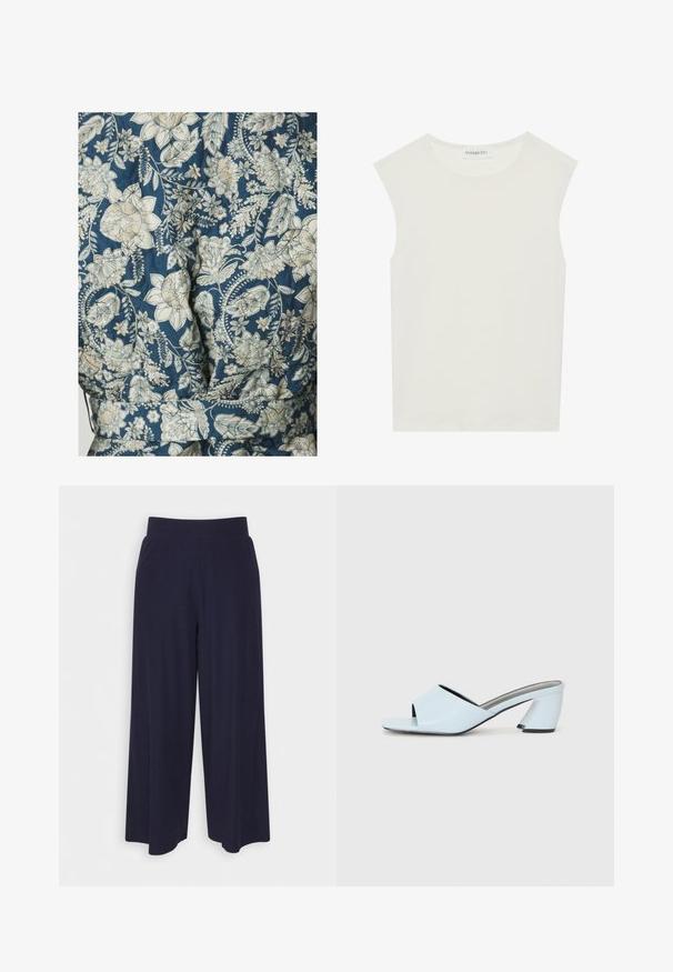 Blumenmusterstoff in Blau- und Cremetönen, mit gestepptem Textur und einem taillierten Design.; Weißes ärmelloses Top mit rundem Ausschnitt. Hergestellt aus glattem Stoff, hat es einen lässigen Schnitt und minimalistisches Design. Keine Muster oder Akzente.; Weit geschnittene Hosen aus dunkelnavy Stoff mit strukturiertem Rippendesign. Merkmale sind ein glatter Hosenbund und eine luftige Silhouette, die bis zur Mitte der Wade reicht.; Hellblaue offene mules mit Absatz und geometrischem Design, ausgestattet mit einem breiten Riemen über dem Fuß und einem dicken, winkligen Absatz.