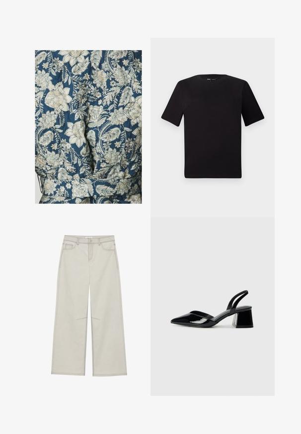 Kangas bermotif bunga dalam nuansa biru dan krim, menampilkan tekstur quilted dan desain pinggang dengan sabuk.; Musta lyhythihainen t-paita pyöreällä kaula-aukolla, valmistettu pehmeästä puuvillakankaasta. Yksinkertainen malli, ei näkyviä logoja tai kuvioita.; Vaaleanharmaat leveät housut, joissa on viisi taskua, edessä napp closure ja kontrastiväriset tikkaukset saumoissa. Kangas näyttää pehmeältä ja kestävältä.; Mustat patentoitu nahkakengät, joissa on säären takaosa ja terävä kärki, sekä geometrinen palikkakorko. Sisältää tyylikkään, minimalistisen muotoilun ja sileän pinnan.