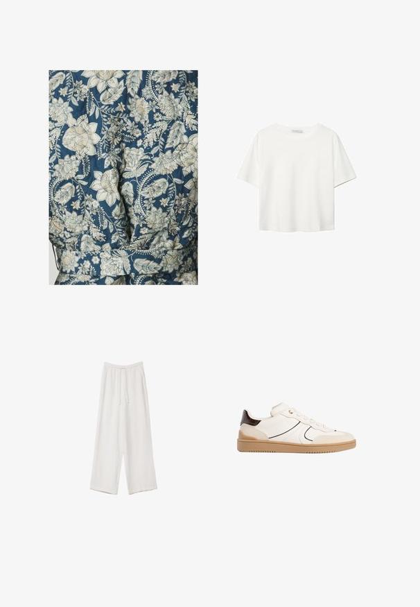 Tkanina s cvjetnim uzorkom u nijansama plave i krem boje, koja ima qiltanu teksturu i dizajn s pojasom.; Bijela majica kratkih rukava od pamuka. Ima okrugli izrez i opušteni kroj. Glatka tekstura bez vidljivih uzoraka ili naglasaka.; Bijele hlače širokih nogavica napravljene od lagane tkanine. Imaju elastičan pojas s ušicom i bočne džepove. Glatka tekstura.; Stradivarius Tenisice - white