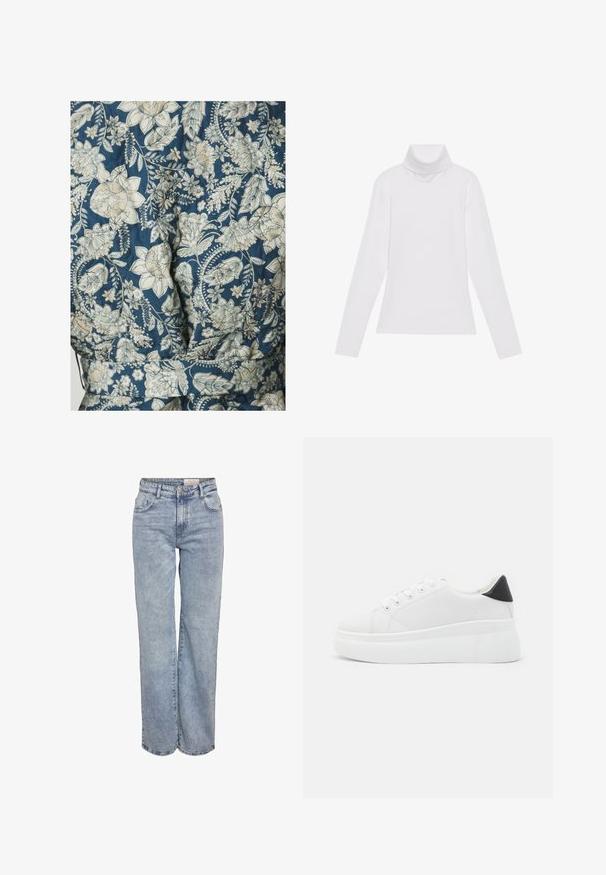 Ziedu raksta audums zilā un krēma toņos, ar quilted tekstūru un jostu vidukļa dizainu.; Balts garie piedurknēm turtlenecks krekls, izgatavots no gludas, elastīgas auduma. Iezīmē augstu apkakli un pielāgotu dizainu, bez redzamām rakstainām vai rotājumiem.; Gaiši zili platlapu džinsi, izgatavoti no denima, ar augstu jostasvietu, piecu kabatu dizainu un vieglu nolietojuma efektu.; Baltas platforma kedas, izgatavotas no gludas sintētiskas vielas, ar noapaļotu purngalu, saites dizainu un teksturētu gumijas zoli. Melna papēža akcenta detaļa.