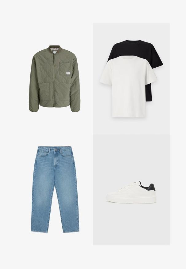 Chaqueta bomber acolchada en verde oliva, con un cuello de canalé, botones a presión, dos bolsillos frontales y un patrón texturizado en la tela.; Conjunto de camisetas de algodón que incluye una camiseta negra y una blanca, ambas con mangas cortas, escote redondo y corte estándar. Tejido texturizado.; Jeans de denim azul claro de pierna ancha con cintura alta, que cuentan con cinco bolsillos, trabillas para cinturón y una textura suave y ligeramente deslavada.; Zapatilla de cuero blanca con patrón en relieve, mediopie blanca texturizada y acento negro en el talón. Presenta punta redondeada y cordones planos.