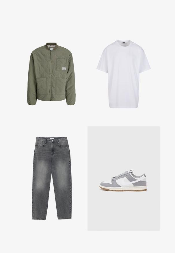 Kudumaterjalist bomber jope oliivrohelises toonis, millel on ribadega krae, nööbid, kaks eesmist taskut ja tekstuuriga muster kangal.; Valge puuvillane t-särk lühikeste varrukatega, ümmarguse kaelusega, lõdva lõikega ja ilma nähtavate logodeta või mustriteta. Sile tekstuur ja minimaalne disain.; Kõrgema vöökohtadega, lõdva lõikega teksad, mis on valmistatud tuhmist mustast denimist. Selles on viis taskut, traksid ja puhas, sirge säärelõige.; Halli ja valge tennis鞋, millel on nubuk- ja nahkdetailid, ümar varvas, lamedad nöörid ning kummist tald, millel on kola aktsent.