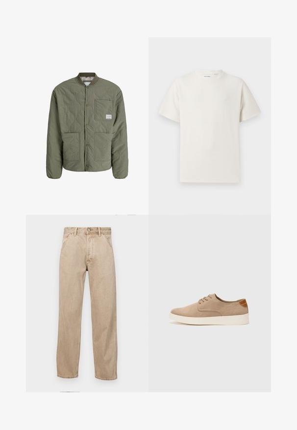 Quilted Bomberjacke in Olivgrün mit einem gerippten Kragen, Druckknöpfen, zwei Vorderentaschen und einem strukturierten Muster auf dem Stoff.; Weißes T-Shirt mit kurzen Ärmeln in gerippter Textur. Runder Ausschnitt, lockere Passform, keine sichtbaren Muster oder Akzente. Einfaches und vielseitiges Design.; Beige Denim-Jeans mit geradem Beinschnitt, ausgestattet mit Vordertaschen, einem Metallknopfverschluss und feiner Textur.; Beige Wildleder-Sneaker mit runder Zehenpartie, Schnürung und strukturiertem Rückenteil. Die weiße Gummisohle sorgt für einen Kontrast. Einfaches und modernes Design.