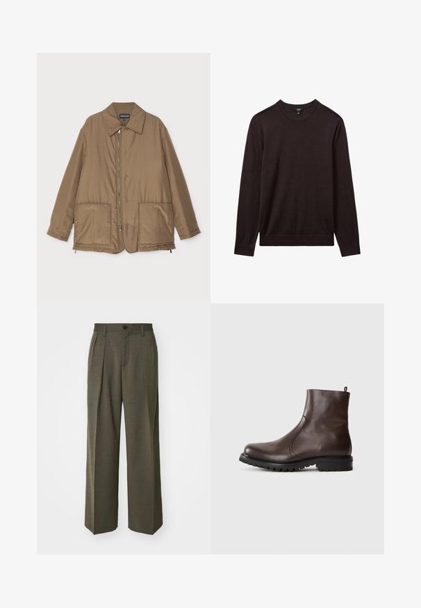 Pruunist voodriga jakk krae ja esitaskutega, ees lukuga kinnitamine ning kerge läikega. Lihtne kujundus ja lõdva istuvusega.; Reiss Džemper - dark bordeaux; Filippa K WIDE TROUSERS - Püksid - driftwood; Pruun nahkane sääreking, millel on sile tekstuur, elastsed külgpaneelid, tõmbetabin taga ja robustne kummitald.