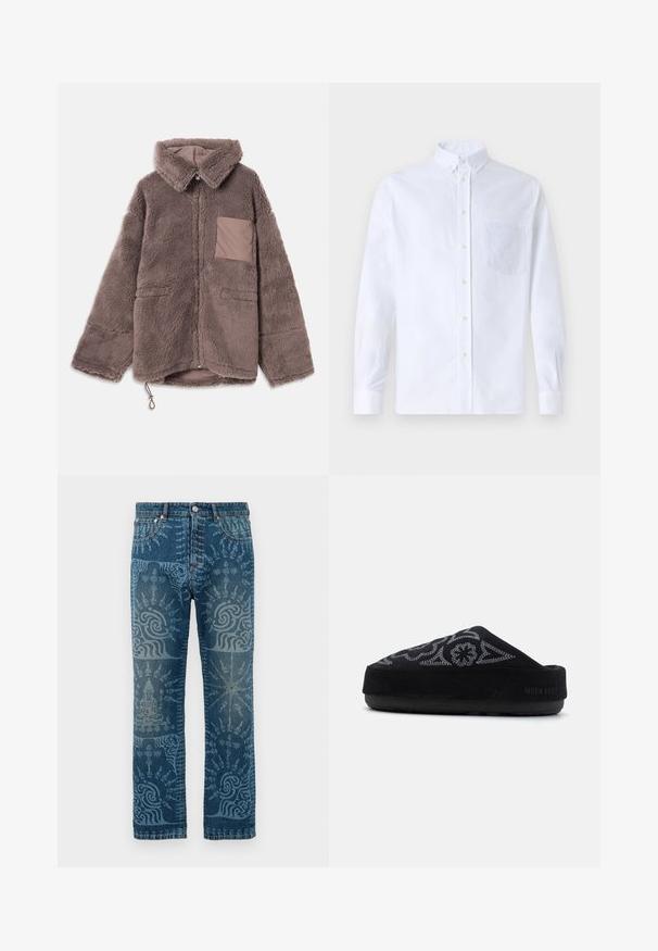 Brown, fluffy fleece jacket with a collared neck, zip closure, two front pockets, and a tan contrasting pocket detail.; White long-sleeve button-up shirt made of cotton, featuring a chest pocket with tonal embroidery, a collar, and button cuffs.; Denim jeans in a medium blue wash, featuring intricate light blue patterns, straight leg design, classic five-pocket style, and button closure.; Black suede slip-on shoe with embroidered design, rounded toe, thick sole, and the text "MOON BOOT" on the heel. Textured surface.