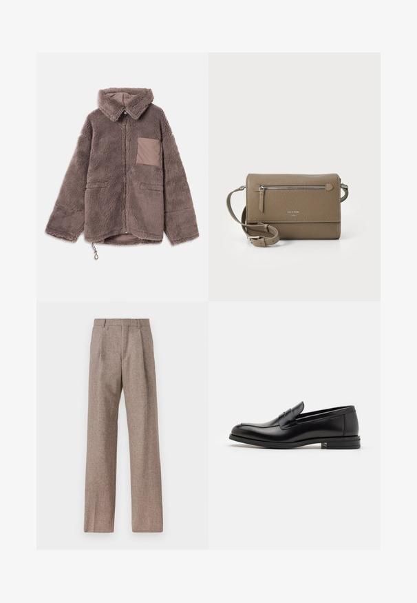 Hnědá, načechraná fleecová bunda s límečkem, zapínáním na zip, dvěma předními kapsami a kontrastním detaily v béžové barvě.; Bílá dlouhá košile s knoflíky vyrobená z bavlny, která má náprsní kapsu s tónovanou výšivkou, límec a knoflíkové manžety.; Hnědé kalhoty s vysokým pasem vyrobené z texturované látky. Mají široké nohavice a dva přední sklady pro strukturu. Úhledné provedení bez viditelné kovových částí.; Černé kožené polobotky s hladkou texturou, zaoblenou špičkou a zdobným páskem přes nárt. Nízký stohovaný podpatek, minimalistický design.; Taupe kožená crossbody kabelka s přední kapsou na zip, nastavitelním popruhem, texturou z jemných kostek a embosovaným logem na přední straně.