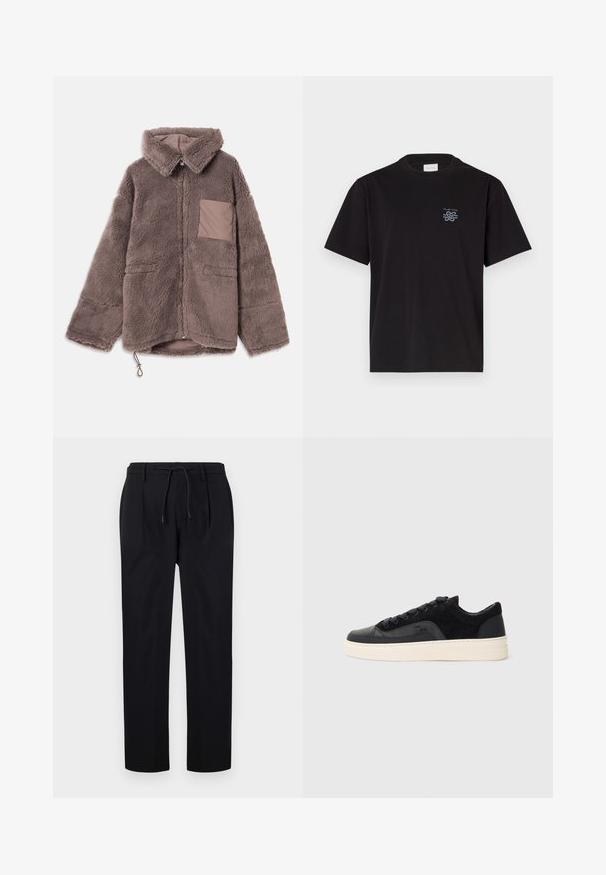 Brun, fluffy fleecejakke med krave, lynlåslukning, to frontlommer og en tan kontrastlomme.; Sort bomulds t-shirt med rund hals og korte ærmer. Har et lille blåt logo på venstre bryst. Simpel, lige snit design.; Sorte bukser lavet af glat stof, med snor i taljen, lige ben og frontfolder for et struktureret udseende.; Sorte sneakers i en kombination af glat læder og struktureret ruskind, med flade snørebånd, rund tå og en cremet gummisål.