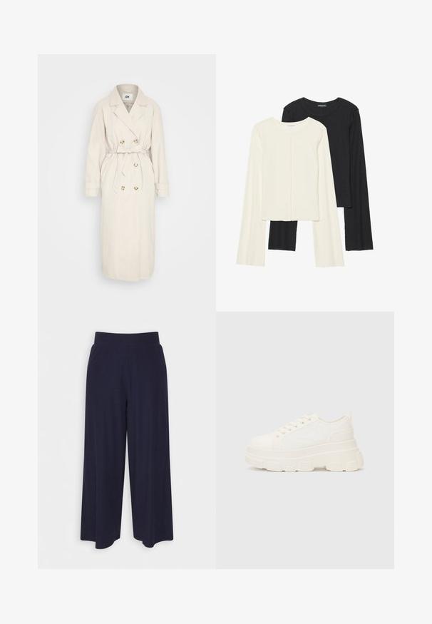 Beženi trench kaput od glatkog materijala, s dugim preklopom sprijeda, remenom u struku i dugmadima kao ukrasom. Dugi rukavi s detaljima na manžetama.; Set od dvije duge majice s dugim rukavima u bijeloj i crnoj boji. Rebrasta tekstura, okrugli izrez, uski kroj s blago raširenim rukavima.; Hlače širokih nogavica od tamnoplavog materijala s reljefnom teksturom. Imaju glatki pojas i lepršavi siluet, dosežu do sredine potkoljenice.; Bijela platnena tenisica s debelim potplatom, zaobljenim vrhom i pet rupica za vezice. Stražnji tab za jednostavno obuvanje. Glatka tekstura, minimalistički dizajn.