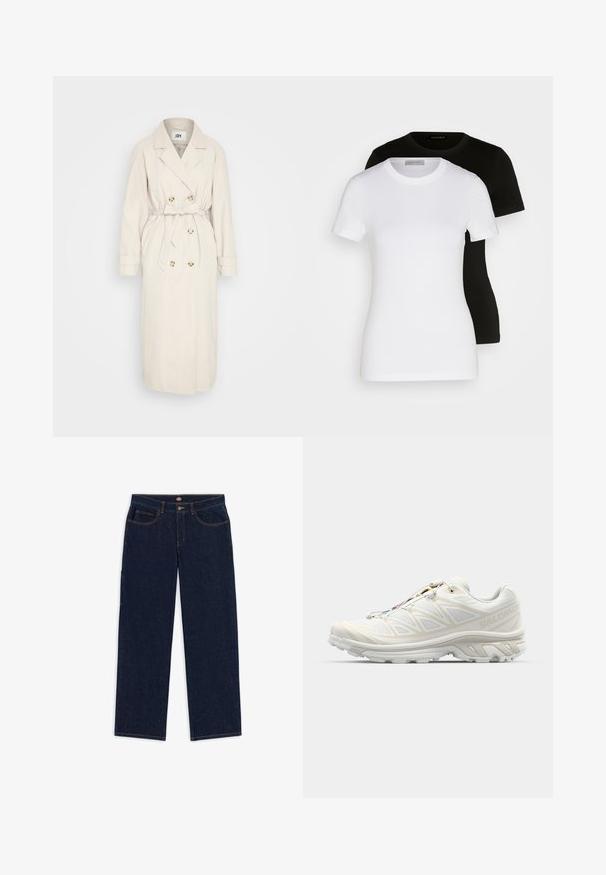 Beige trenčkot vyrobený z hladkého materiálu, se zapínáním na dvou řadách knoflíků, páskem v oblasti pasu a knoflíkovými detaily. Dlouhé rukávy s manžetami.; Dvé trička s krátkým rukávem v černé a bílé barvě. Vyrobena z hladké bavlny, mají klasický kulatý výstřih a standardní střih.; Tmavě modré džíny se rovného střihu, pěti kapsami a kontrastním oranžovým prošitím. Pas zahrnuje kovový knoflík a zip.; Bílé běžecké boty s prodyšným síťovým svrškem, texturovanými detaily a polstrovanou podrážkou. Obsahují rychlou šněrovací systém pro snadné obutí.