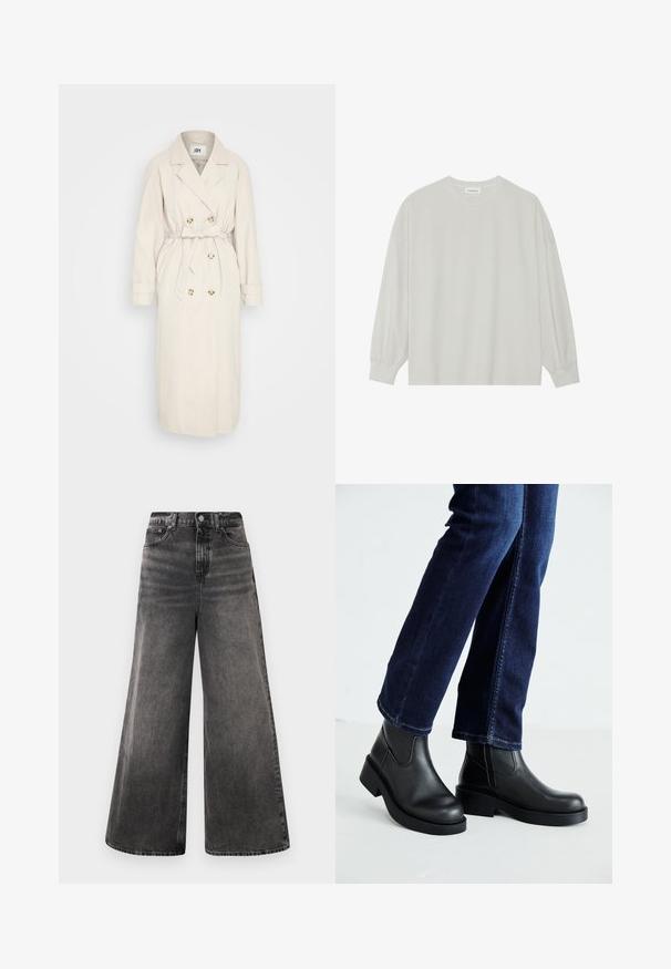 Beige trench coat made from a smooth fabric, featuring a double-breasted front, belted waist, and button accents. Long sleeves with cuff detail.; Light gray long-sleeve t-shirt made of soft cotton. Features a loose fit, round neckline, and gently gathered cuffs. No patterns or graphics.; Wide-leg black denim jeans with a faded wash, five-pocket design, and a button closure at the waistband, featuring stitched accents.; Black leather ankle boots with a chunky sole and side elastic panels, paired with dark blue jeans. The ground is light-colored.