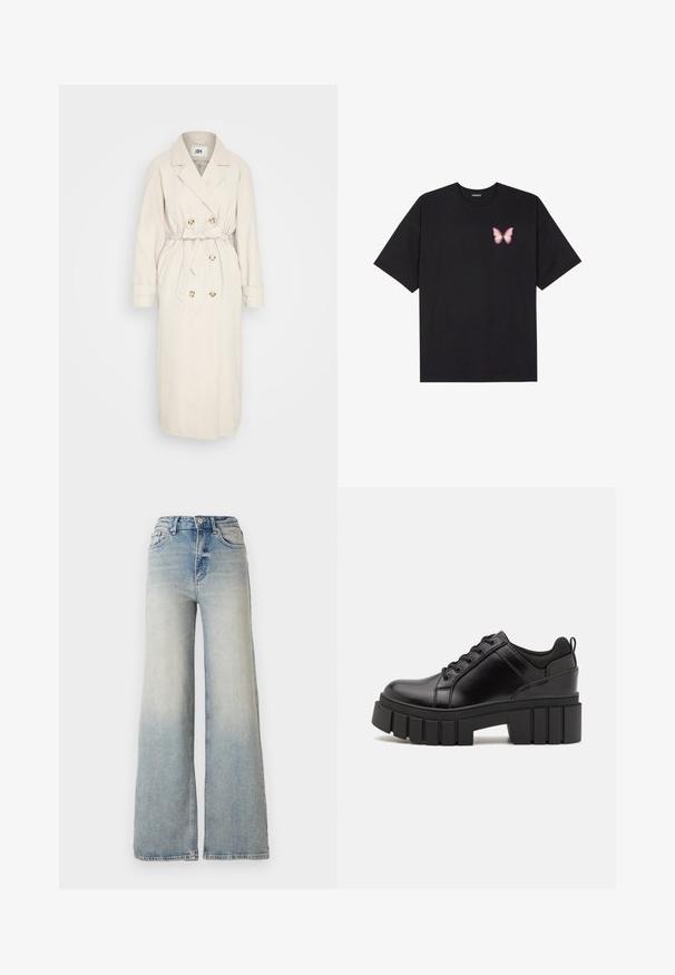 Béžový trenčkot vyrobený z hladkej látky, s dvojradovým zapínaním, opaskom v páse a gombíkovými detailmi. Dlhé rukávy s detailom manžiet.; Čierne bavlnené tričko s krátkymi rukávmi, s malým ružovým motýlikom na ľavej hrudi. Design s okrúhlym výstrihom a uvoľneným strihom.; Svetlomodré džínsy s širokými nohavicami vyrobené z denimu, s vysokým pásom, piatimi vreckami a viditeľnými stehmi pozdĺž švov.; Čierne kožené platformy s masívnym blokovým podpätkom, okrúhlou špičkou a tradičným šnurovaním. Má hladký povrch a minimálne detaily.