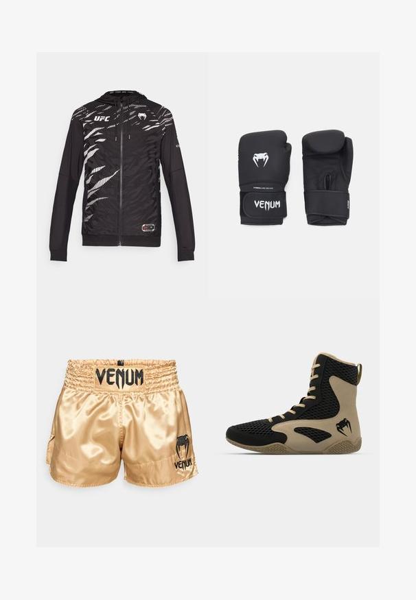 Čierna mikina na zips s textúrovaným dizajnom a bielymi tigrovými pruhmi, s logom UFC na prednej strane a rebrovanými manžetami. Mäkko, ľahký materiál.; Čierne bavlnené tričko s veľkým bielym prasknutým grafikom na prednej strane, logom Venum na pleciach a malým logom na leme.; Zlaté saténové boxerské šortky s čiernym logom "VENUM" na páse a po stranách, s hladkou textúrou a elastickým pásom pre pohodlie.; Vysoké športové topánky s čiernou sieťovinou a béžovými akcentmi. Štruktúrovaná gumová podrážka a detail loga na boku.; Čierne boxerské rukavice so hladkým povrchom, s bielym logom Venom a nastaviteľným strapom na suchý zips pre zabezpečené uchytenie.