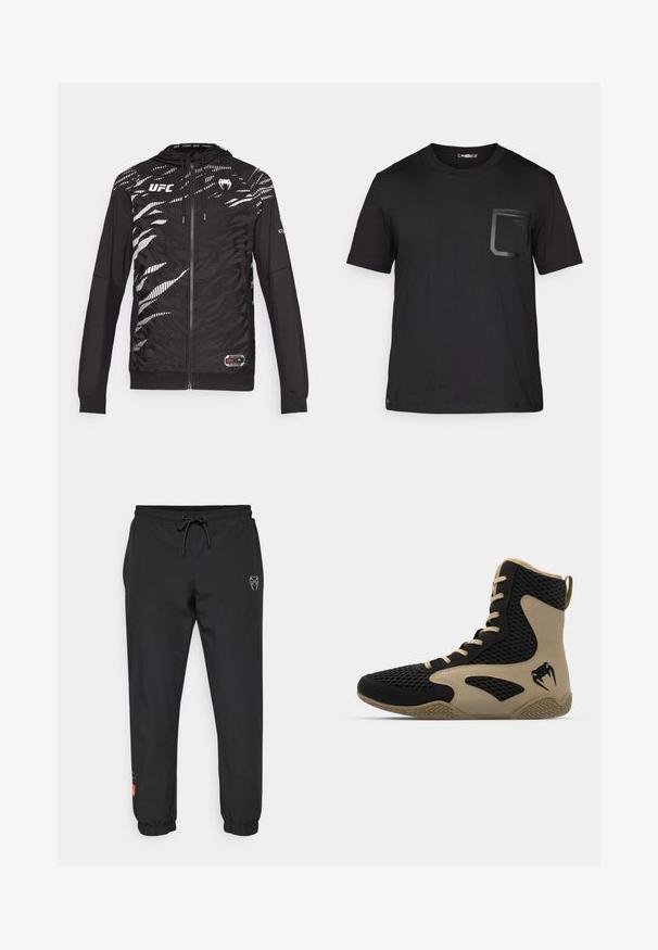 Black zip-up hoodie featuring a textured design with white tiger stripes, UFC logo on the front, and ribbed cuffs. Soft, lightweight fabric.; Black short-sleeve t-shirt made of cotton with a subtle texture. Features a front pocket with a rectangular design and logo detail.; Black jogger pants made of lightweight material, featuring an elastic waistband with drawstring, tapered legs, and logo accents on the front.; High-top athletic shoe featuring a black mesh exterior with beige accents. Textured rubber sole and logo detail on the side.