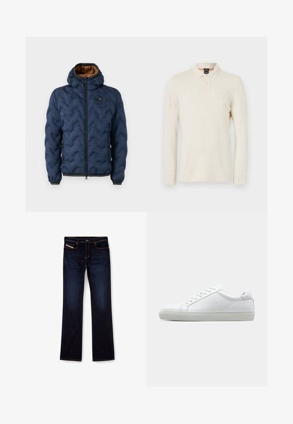 Giubbotto trapuntato blu navy con cappuccio, zip frontale, due tasche con zip e fodera interna marrone, esposto su uno sfondo bianco.; Polo a maniche lunghe di colore beige chiaro, realizzato in tessuto morbido, con colletto polo, pattina con due bottoni e una piccola patch con logo sul petto.; Jeans in denim blu scuro con taglio dritto, caratterizzati da cuciture arancioni, chiusura con zip e tasche frontali. Texture liscia e vita standard.; Sneaker bianco con tomaia in pelle liscia e profilo basso. Presenta una punta arrotondata, sei occhielli e una suola in gomma testurizzata.