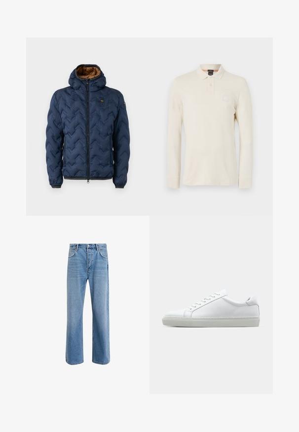 Tummansininen vuorattu takki, jossa on huppu, edessä vetoketju, kaksi vetoketjullista任务aller, ja ruskea sisävuori, esitelty valkoisella taustalla.; Paita polo dengan lengan panjang berwarna beige terang, terbuat dari kain halus, dilengkapi dengan kerah polo, placket dua kancing, dan tambalan logo kecil di dada.; Vaaleansiniset farkut suoranlahkeisella muotoilulla, viisi taskua, nappisuljenta, vähäinen kuluminen ja kontrastiväriset ompeluyksityiskohdat.; Valkoinen tennari, jossa on sileä nahkapäällinen ja matala profiili. Ominaisuuksiin kuuluu pyöreä kärki, kuusi rei'itystä ja teksturoitu kumipohja.