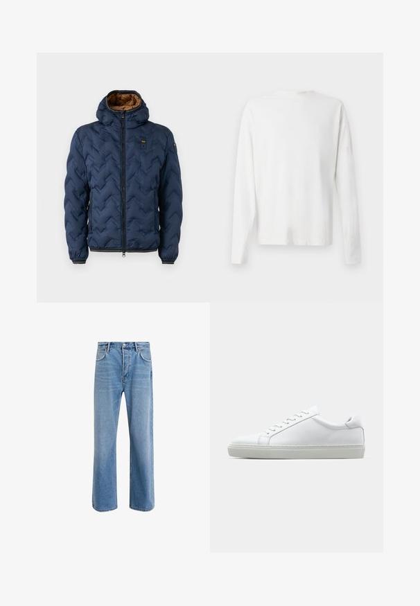 Veste matelassée bleu marine avec capuche, fermeture éclair frontale, deux poches zippées et doublure intérieure marron, présentée sur un fond blanc.; Chemise en coton blanc à manches longues avec un col rond, fentes latérales en bas et une texture lisse, présentée de dos.; Jeans en denim bleu clair avec une coupe droite, cinq poches, fermeture à bouton, peu d'usure et des détails de couture contrastés.; Sneaker blanche avec une tige en cuir lisse et un profil bas. Présente un bout arrondi, six œillets et une semelle en caoutchouc texturé.