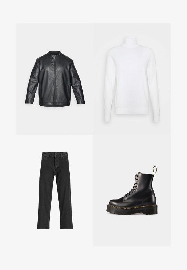 Schwarze Lederjacke mit Mandarin-Kragen, Frontreißverschluss und sichtbaren Nähdetails; bietet einen lässigen Schnitt und lange Ärmel.; Weißer Rollkragenpullover mit langen Ärmeln, aus glattem Stoff gefertigt. Verfügt über eine taillierte Passform sowie gerippte Bündchen und Saum. Keine Muster oder Akzente.; Schwarze Jeans aus Denim mit geradem Bein, ausgestattet mit einem Reißverschluss, Gürtelschlaufen und sechs Taschen, gefertigt aus einem robusten Baumwollmischgewebe.; Schwarze Leder-Schnürstiefel mit knöchelhohem Schaft, einer robusten schwarzen Sohle und gelben Nähten. Verfügt über eine Lasche hinten und runde Metallösen.